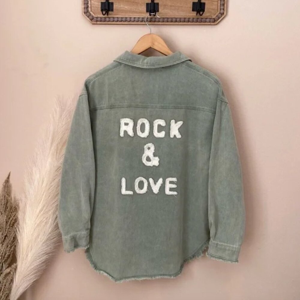 New Denim Button Up Shirt Jacket Shacket Rock & Love Mineral Wash Green Small
